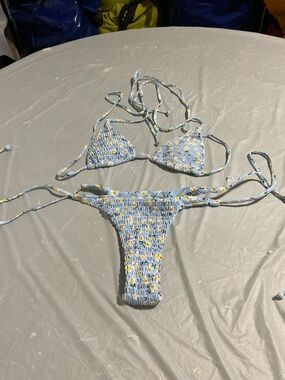 Yellow/blue floral bikini Print String Bikini Set 1078